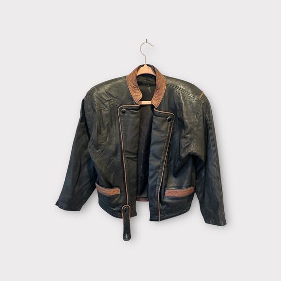 Vintage Butter Soft Black Leather Moto Jacket Brown Trim Quiet Luxury Minimalist - Picture 12 of 16